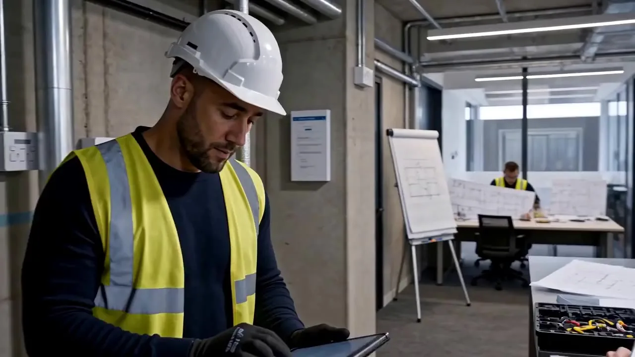 Illustrative design review at a desk with engineering drawings