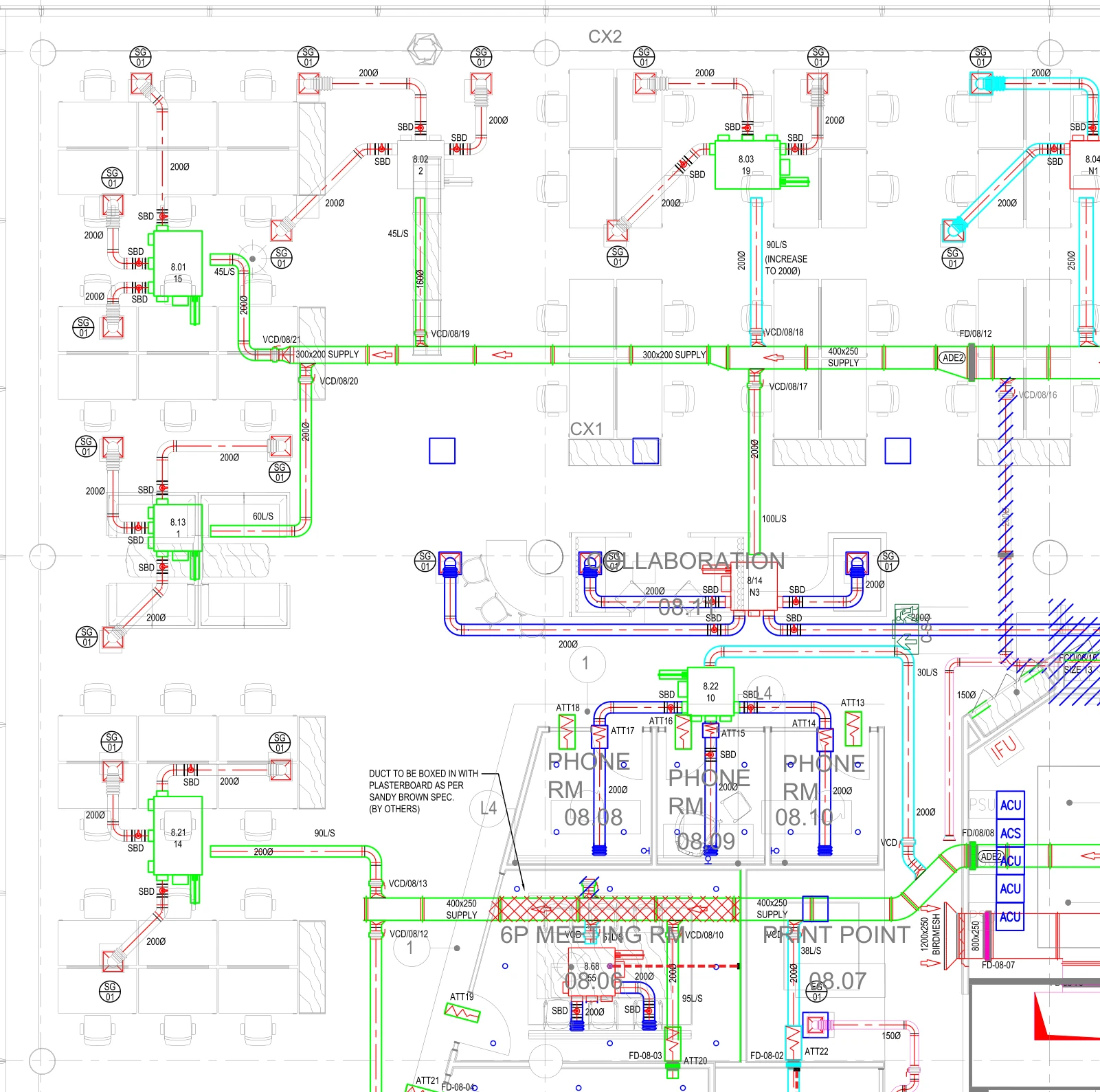 Detail of fan-coil units and ductwork from the Pernod Ricard Level 8 mechanical record drawing